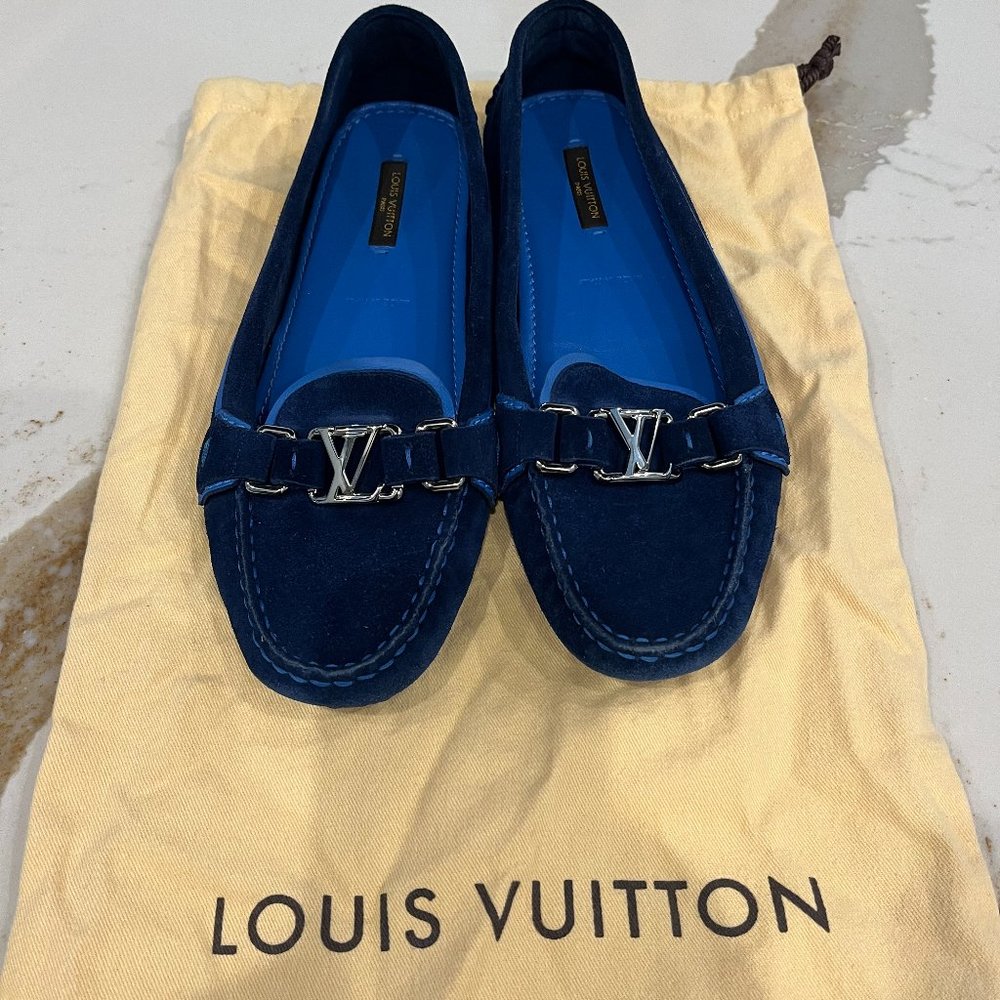 Louis Vuitton Dauphine Navy Suede Flats Loafers Shoes Size 37.5